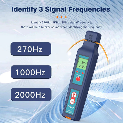 Optical fiber tester with built-in VFL, blue handheld unit, orange fiber lead, LCD display