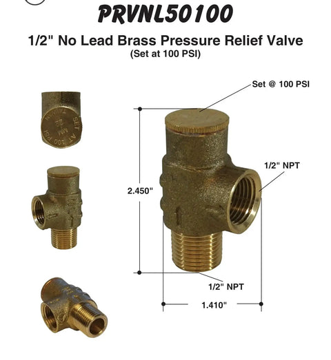Lead Free Brass Pressure Relief Valve Half Inch MNPT And Half Inch FNPT, 100 PSI Adjustable Safety Valve For Cold Water Wells Pumps And Plumbing Systems, IAMPO Certified, Not For Water Heaters, California Prop 65 Warning - dimensions and design details.