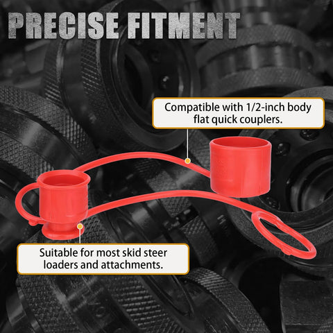 Dust caps for 1/2-inch flat-face hydraulic quick-connect couplers, red rubber with tether; four for skid steer.