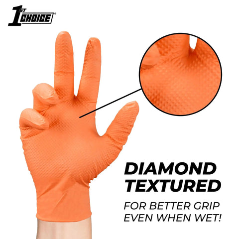Orange Nitrile Disposable Gloves With Raised Diamond Grip Mechanic 100 Count showing textured palm detail.