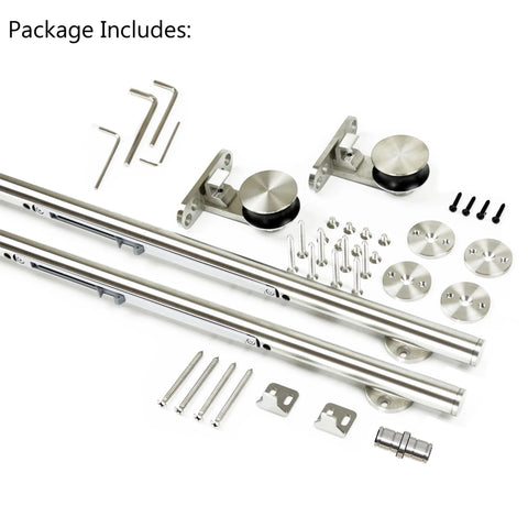 6Ft Integrated Soft Close Sliding Barn Door Hardware Kit, Brushed Stainless Steel Top Mount Track, Studio Style, Hardware Only displayed