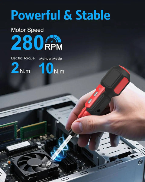 Using Cordless Power Screwdriver Kit With USB Cable And LED Lights for PC assembly, showcasing high torque and 2-in-1 driver features.