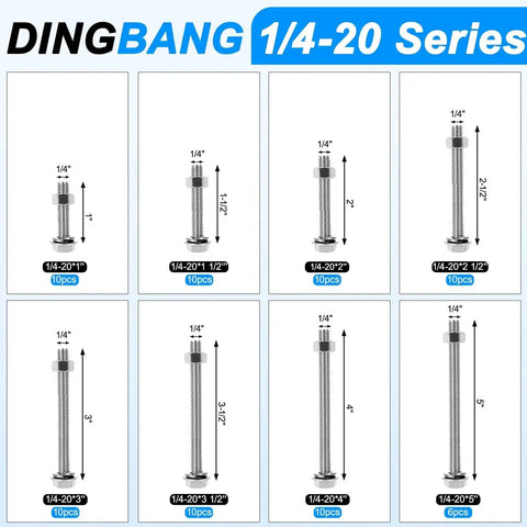 10 Sets 1/4-20x4 Inch Stainless Steel Hex Bolts Kit With Nuts, Lock Washers And Flat Washers for DIY and repairs shown.