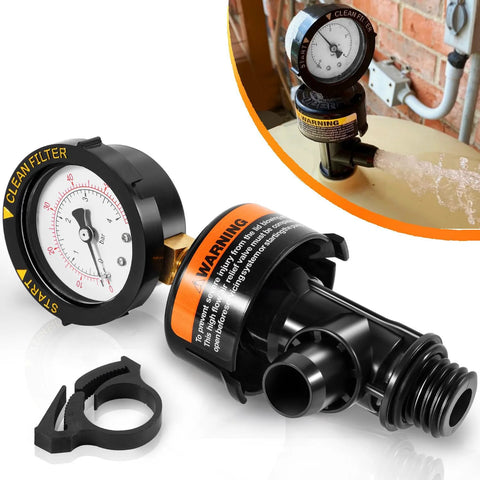 High-flow manual air relief valve with pressure gauge for pool filter, top-mount, black body with orange warning label