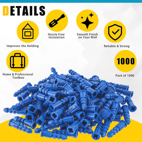 Pile of 1000 blue ribbed plastic drywall anchors for hollow walls and concrete fastening