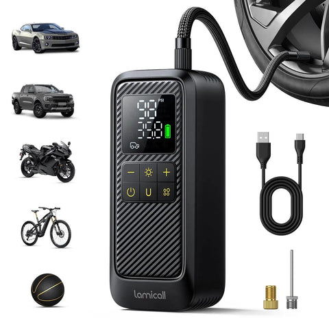 Fast Tire Inflator Portable Air Pump With Digital Gauge And LED Light 150 PSI Electric Tire Pump For Car And Motorcycle showing digital display and accessories.