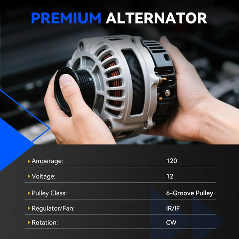 Hands holding High-Output 12V 120A Alternator Direct Fit Replacement For 2.5L L4 Rogue SUV 2014-2018, CNC Cast Aluminum Body