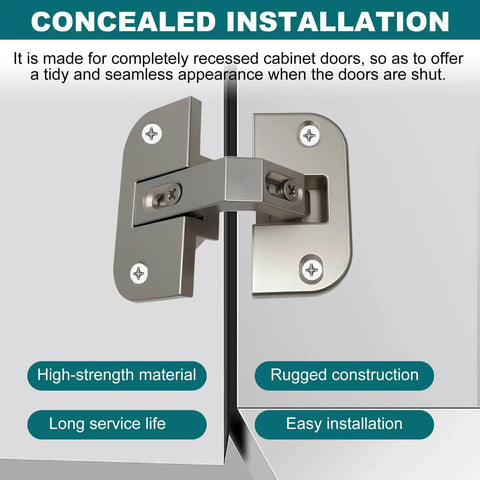 Adjustable Pie Cut Corner Cabinet Hinge With 78 Degree Opening for Lazy Susan and bifold doors, concealed mount shown installed