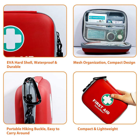 Compact Red 150 Piece Mini First Aid Kit With Hard Shell For Car Travel Home Office Outdoor Camping And Hiking Emergency Medical Supplies Set By SuccorWare