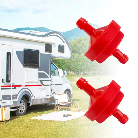 4 Pack Inline Gas Fuel Filter for Lawn Mowers, 1/4 Inch, 150 Micron Replacement shown with outdoor camper view