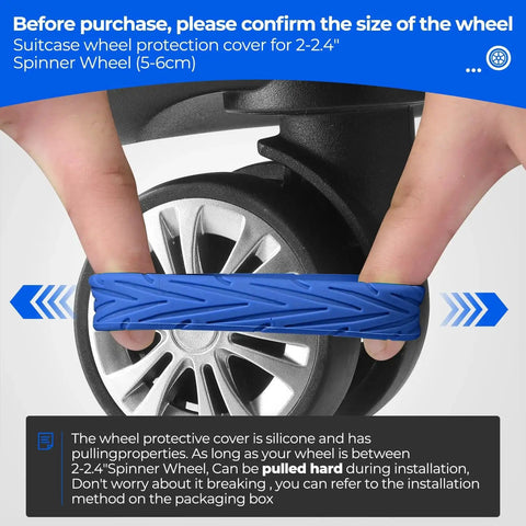 Close-up of blue silicone wheel cover being applied to suitcase wheel, fits 2.0-2.4 inch wheels, part of Upgrade Luggage Wheel Covers 8 Pack.