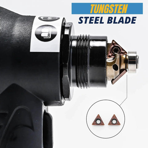 Close-up of Slick 45 Degree Mini Chamfering Tool with tungsten steel blade inserts for metal and wood deburring.