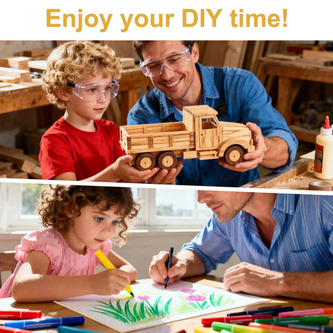 Family enjoying DIY projects with a wooden toy truck and drawing crafts.
