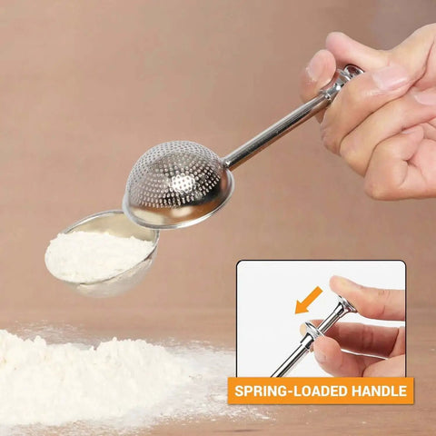 Flour Duster For Baking One Handed Operation Stainless Steel Powdered Sugar Shaker with spring-loaded handle in use