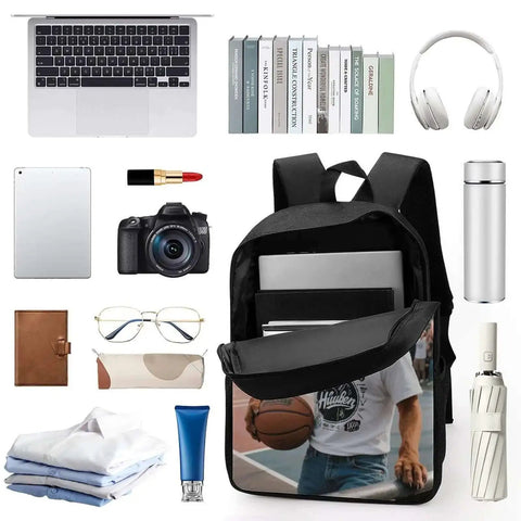 Cool Dog With Sunglasses Backpack For Men And Women Durable 600D Polyester Bookbag Lightweight 17 Inch Laptop Daypack Big Capacity Minimalist Casual Work And Travel Bag Everyday Carry Ready, open with laptop and daily items inside.