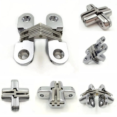 Hidden Cross Hinge For Furniture 180 Degree Concealed Stainless Steel Two Pack With Screws for folding doors in silver.