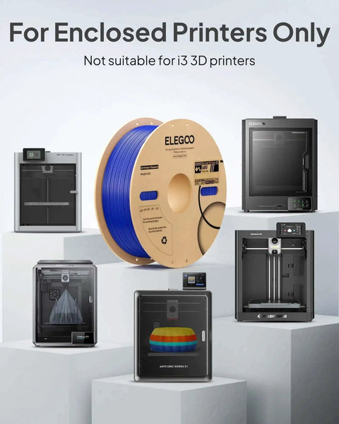 Spool of blue filament suitable for enclosed 3D printers, with various printer models in the background.