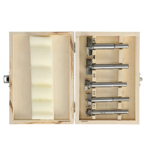 Five Piece Drill Bit Set With Adjustable Positioning Hinge Jig Drill Guide And Hinge Hole Cutter In A Durable Storage Box