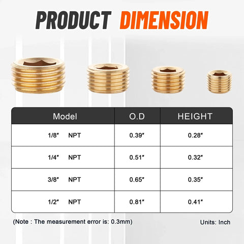 Brass Pipe Plug Assortment Kit dimensions chart for 1/8, 1/4, 3/8, 1/2 inch NPT plugs, CA360 brass, plumbing essentials.