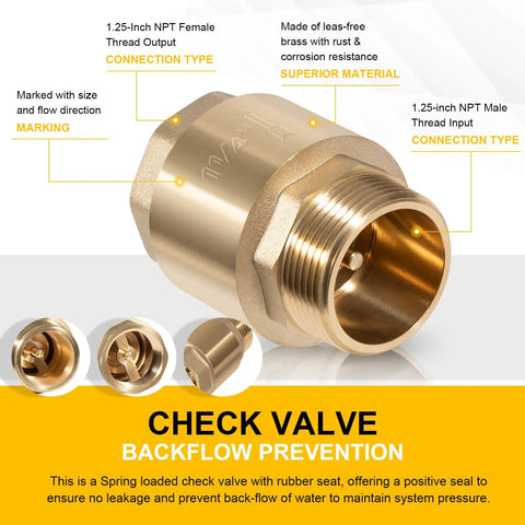 One Way Brass Check Valve by Amazon, 1-1/4 in NPT male in / 1-1/4 in FNPT out, heavy-duty backflow preventer