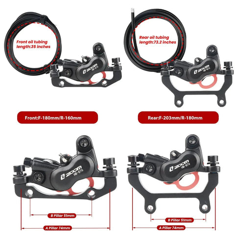 ZOOM HB-876E e-bike hydraulic disc brake set, front view; 180mm front rotor and 160mm rear rotor
ZOOM HB-876E e-bike hydraulic disc brake set, rear view; 203mm front rotor and 180mm rear rotor
ZOOM HB-876E e-bike hydraulic brake caliper side view with hose and mounting
ZOOM HB-876E close-up of 4-piston caliper with 2-pin sensor connector