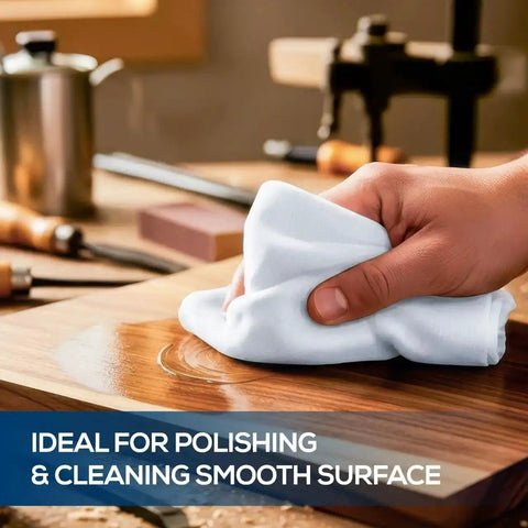 Hand polishing wood with Bulk Jersey Knit T Shirt Rags Poly Cotton Cleaning Cloths For Painting Polishing Auto Shops And Bar Work 25 Lb Box White Wiper Rags For Industrial Use.