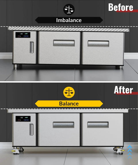 Before and after of a cabinet using Leveling Casters With Ratchet Handle Design For Heavy Duty Industrial Use Total Capacity 2200 Lbs Set Of 4 With Adjustable Leveling Pads TD60.