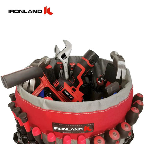 Red and black Bucket Tool Organizer Caddy Fits 3.5 to 5 Gallon Buckets, 51 Pockets for Garden, Construction, tools visible inside.