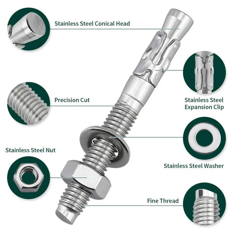 12 Pack M6 1.0 By 60mm Wedge Anchors Stainless Steel 304 Grade 18 8 Conical head, expansion clip, nut, washer details