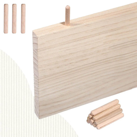 Close-up of 100 Count 1/4 Inch Wood Dowel Pins, 1/4 X 1-1/2 Inch fluted hardwood dowels in a board for solid furniture making.