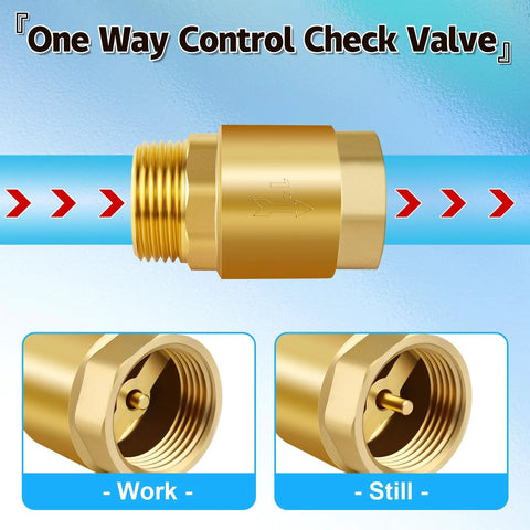Brass 3/4 in NPT inline check valve, spring-loaded, one-way water backflow preventer