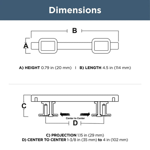 Dimensions diagram of Champagne Bronze Cabinet Hardware Set 5 Pack Adjustable Drawer Pulls For Kitchen Cabinets Dressers And Cupboards.
