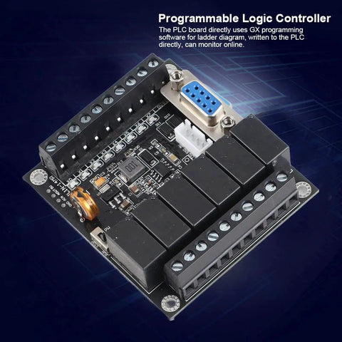 Top view of DC24V PLC Controller Kit With Relay Output For Industrial Automation FX1N 14MR Module, showing circuit board and connectors.