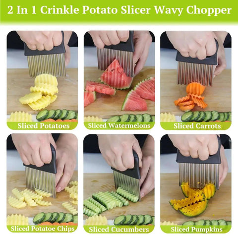 2 In 1 Crinkle Cutter And Peeler For Potatoes And Veggies, Wavy Slicer Chopper slicing assorted fruits and vegetables on a board