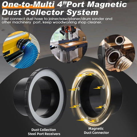 Magnetic Dust Collector System For 4 Inch Shop Vacuums One To Multi Port Starter Kit With Mag Port Connector And Three 4 Inch Couplers