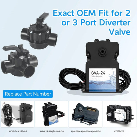 24V Pool Valve Actuator Replacement for Hayward Pentair Jandy, with 15 ft cable and 2-3 port valves, front view.