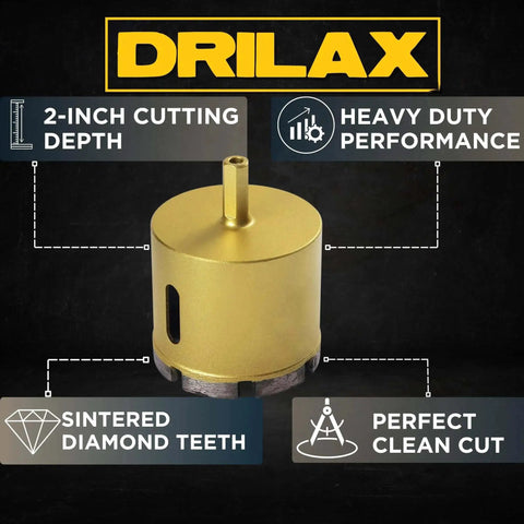 Two Inch Diamond Masonry Hole Saw For Concrete Brick And Stone Pro Grade Durable Heavy Duty Dry Core Drill Bit With Three Eighths Inch Shank Deep Cut For Clean Holes In Concrete Brick Stone Granite Marble And More By Drilax with heavy duty performance highlighted.