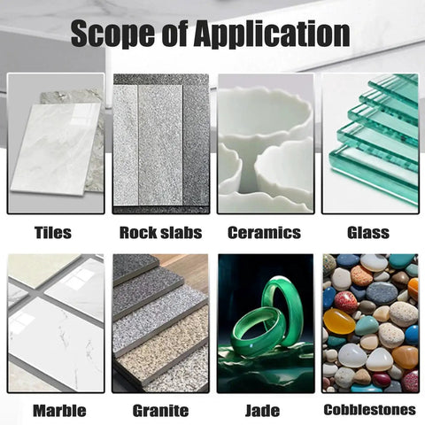Image showing scope of application for Pro Grade 10 Piece Diamond Hole Saw Set with various materials like tiles, rock slabs, ceramics, glass, marble, granite, jade, and cobblestones.
