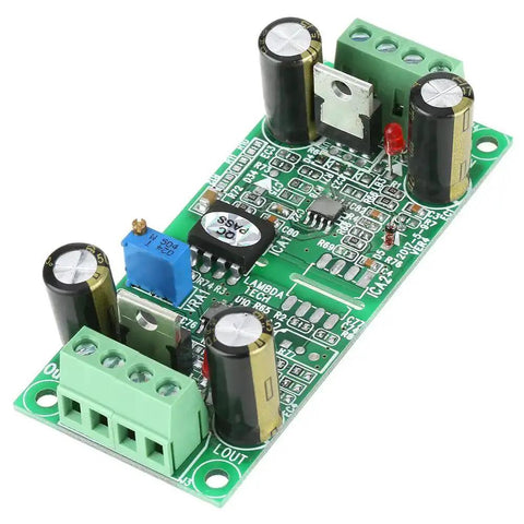 Close-up of 0-10V Signal Isolation Module for PLC and MCU, dual DC12-32V power, green circuit board with components.