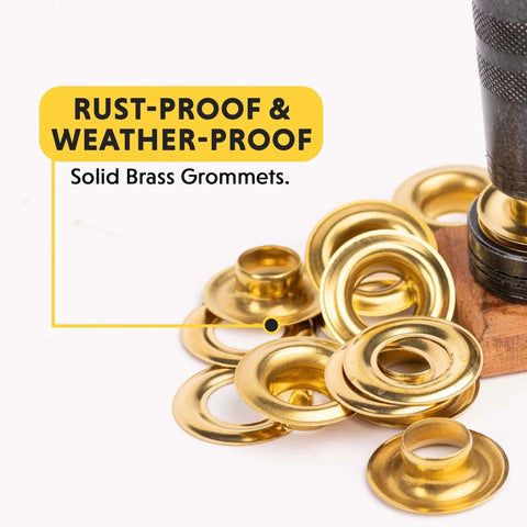 Professional Grommet Kit For Three Eighths To One Half Inch Brass Grommets For Tarp Repair And Canvas Reinforcement pile of brass grommets