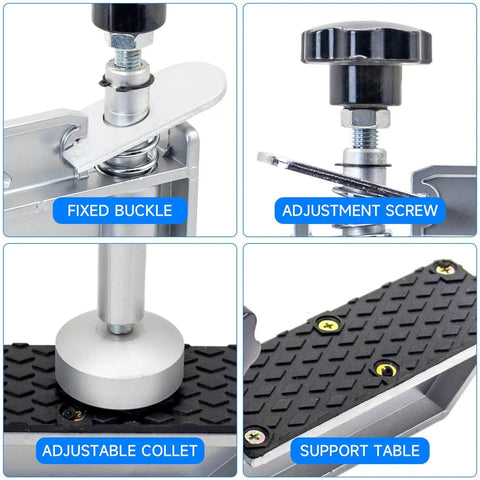 Close-up of 45 Degree Stone Mitre Clamp For Countertop Seam Splicing parts: fixed buckle, adjustment screw, adjustable collet, support table.