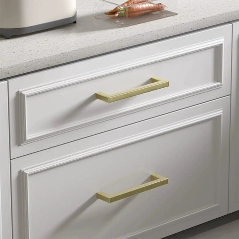 Set Of 20 5 Inch Brushed Gold Cabinet Handles With Square Style Design Premium Stainless Steel Drawer Pulls on white cabinet
