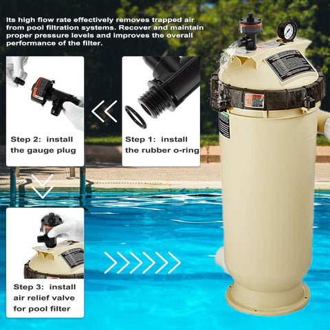 High-flow manual air relief valve for pool filter; black valve with orange label atop beige filter tank with gauge