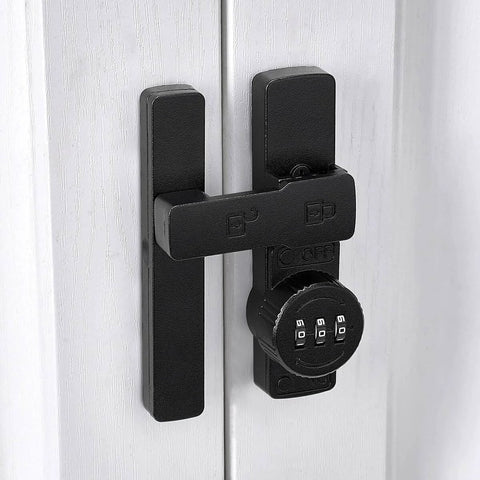 Matte Black 180 Degree Barn Door Lock With 3 Digit Keyless Password Latch Flip Lock for Privacy installed on a white door.
