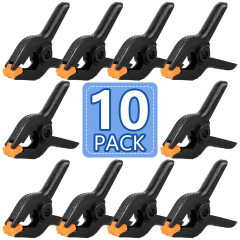 10-pack of 6-inch black plastic spring clamps with orange jaws for crafts, photography, and backdrop stands
