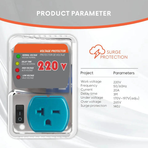 Heavy-Duty 20A 4400W Surge Protector With Smart Circuit Plug And Outlet Saver For Refrigerator And AC, close-up view