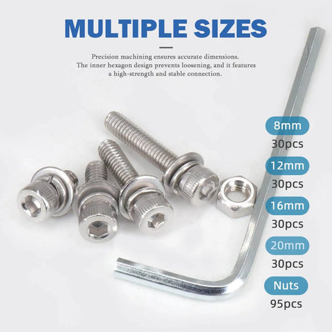 460 Piece Stainless Steel Bolt And Nut Kit With Washers For Metric Hardware M4 To M8 Includes Nuts Bolts Lock Washers Flat Washers Fully Threaded Machine Screws Premium 304 Stainless Steel For DIY Friendly Home Projects displayed with various sizes and an Allen key.