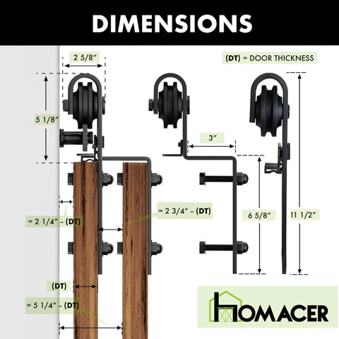 Black Rustic Bypass Sliding Barn Door Hardware Kit For Double Doors, 6ft Flat Track, showing dimensions and rollers.