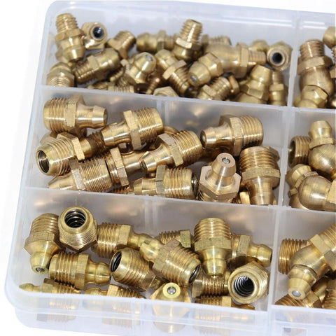 Boeray 115pc brass grease zerk fittings kit in organizer; SAE straight, 90° and 45° fittings