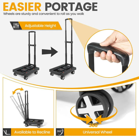 Folding Car Seat Travel Cart With Four Wheels And Adjustable Handle For Airport Mobility showing adjustable height and 360 wheels